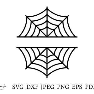 Puede incluir: Un contorno en blanco y negro de una telaraña, dividido horizontalmente en dos. La mitad superior está invertida. La mitad inferior está derecha. La imagen es adecuada para proyectos de manualidades, como cortar, imprimir y bordar.