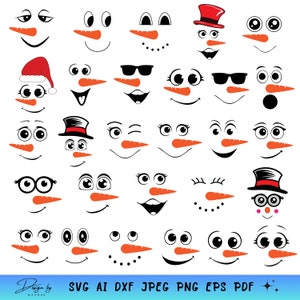 May include: A set of 30 black and white snowman face SVG cut files. The faces include various expressions, such as winking, smiling, and wearing glasses. The faces are perfect for creating custom snowman decorations.