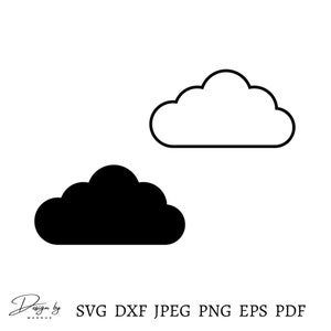 May include: Two cloud illustrations, one black and one white, on a white background. The black cloud is solid, while the white cloud is an outline. Below the clouds are file format options: SVG, DXF, JPEG, PNG, EPS, and PDF.