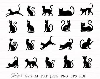 Cat Silhouettes 20 Design, Cat Svg Bundle, Svg Files for Cricut, Cat Cut Files, Cat Clipart, Pet Silhouettes, Cat Png, Instant Download