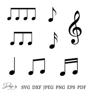 Peut inclure: Un ensemble de fichiers de découpe SVG de notes de musique et de clés de sol noires. L'ensemble comprend une variété de notes, y compris des noires, des croches et une clé de sol.