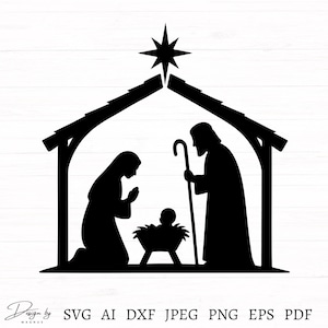 May include: Black silhouette of a Nativity scene. The image features Mary kneeling, Joseph with a staff, and baby Jesus in a manger, all under a star-topped stable. The design is a vector graphic, with file formats listed below the image.