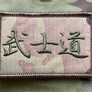 May include: A brown embroidered patch with a camouflage background. The patch features the Chinese characters "金士道" in green thread.