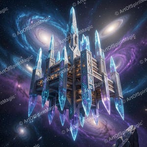 Crystal Starship Wall Art, Glowing Spire Spacecraft Print, Blue Purple Galaxy Sci-Fi Decor, Digital Download