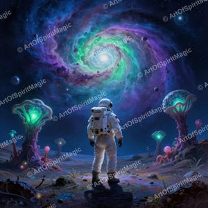 Glowing Mushroom Planet Wall Art, Astronaut Back View Print, Green Spiral Galaxy Space Decor, Digital Download
