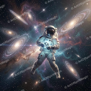 Many Galaxies Astronaut Wall Art, Deep Universe Print, Floating Explorer Cosmos Decor, Digital Download