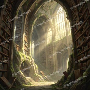 Könnte beinhalten: Ein steinernes Bibliotheksinnere mit hohen Bücherregalen voller Bücher, gewölbten Decken und großen Fenstern, die helles Licht hereinlassen. Die Struktur zeigt moosbewachsene Felsformationen, Steintreppen und verstreute Bücher.