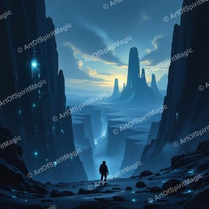 Blue Canyon Wall Art, Lone Explorer Alien Landscape Print, Misty Spires Space Decor, Printable Download