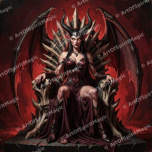 骨の玉座に座るリリス女王のアート、角のある悪魔の女神のプリント、深紅のゴシックファンタジー装飾、デジタルダウンロード