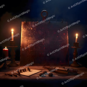 Puede incluir: Un tablero metálico rectangular con un anillo superior, iluminado por dos velas encendidas en candelabros. En la superficie inferior, hay una cuadrícula de papel con marcadores oscuros, un pergamino enrollado y dos piedras oscuras lisas.