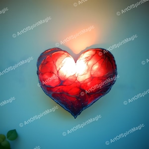 Crimson Heart Wall Poster, Glowing Vein Pattern Decor, Soft Blue Wall Printable Digital Download