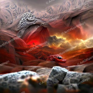 Könnte beinhalten: Ein digitales Kunstwerk mit einer surrealen Landschaft aus fließenden roten und braunen Texturen, einem kleinen roten Objekt in der Mitte und grauen Felsen im Vordergrund. Der Text ArtOfSpiritMagic ist als Wasserzeichen wiederholt.