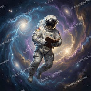 Könnte beinhalten: Ein Astronaut in einem weißen Raumanzug schwebt im Weltraum und hält ein offenes braunes Buch. Der Hintergrund zeigt wirbelnde blaue und violette Nebel, helle Sterne und ferne Galaxien. Der Text ArtOfSpiritMagic ist zu sehen.