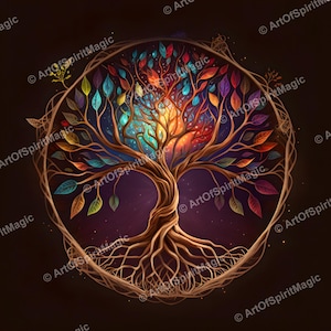 Amber Glow Tree of Life Circle Print, Copper Ring Wall Art, Colorful Leaves Spiritual Decor, Digital Download