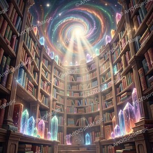 Galaxy Dome Library Wall Art, Crystal Bookshelves Print, Spiral Galaxy Ceiling Fantasy Decor, Digital Download