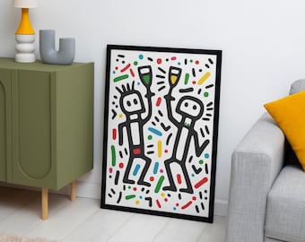 Arte pop estilo Keith Haring / Figuras abstractas para decoración de pared / Lámina artística retro