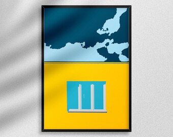 Abstracte raamkunstafdruk | Blauwgele serene muurdecoratie | Minimalistische woonkunst | Digitale download