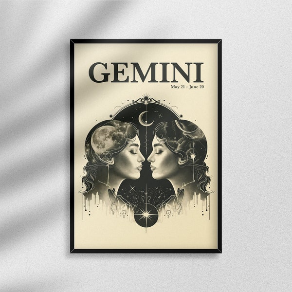 Captivating Gemini Twins Print - Celestial Harmony in Monochrome, Symbolic Air Sign Art, Gemini Constellation Illustration