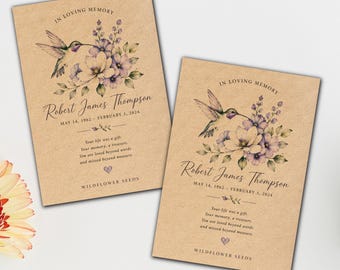 Hummingbird Memorial Seed Packets, Funeral Wildflower Favors, Celebration of Life Gift, In Loving Memory Seeds, Sympathy Favor