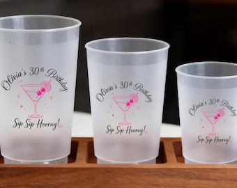 Personalized 30th Birthday Frosted Cups | Sip Sip Hooray Party Favors (Reusable Plastic)