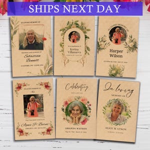 May include: Five memorial cards with floral designs and photos of deceased individuals. Each card includes the name of the deceased, dates of birth and death, and a message of remembrance. The cards are printed on a brown paper background.