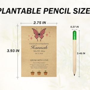 May include: An image shows a plantable pencil and a seed packet. The seed packet is 9.98 cm tall and 6.99 cm wide, with a butterfly illustration and Spanish text. The pencil is 8.79 cm long and 0.69 cm in diameter.