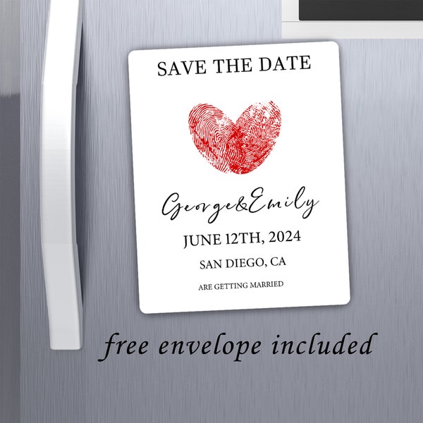 Red Heart Fingerprints Save the Date Fridge Magnets Printable Save the Date Wedding Announcement Free Envelope Included