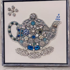 Handcrafted Teapot Mosaic Art, Vintage Jewelry, Rhinestone, Blue Shadowbox Frame (12x12)