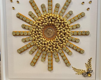 Sunburst Jewelry Art – Mixed Media Assemblage with Kennedy Half Dollar (13 1/2" x 13 1/2")