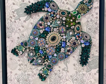 Framed Jewelry Sea Turtle Art, 12x12 Coastal Wall Decor, Mosaic Vintage and New Jewelry Turtle, Beach House Display Tabletop Art