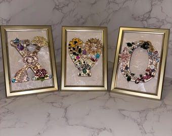 XOX Jewelry Art Trio Set, Floral Rhinestone Letter Decor, Handmade Framed Wall Art, OOAK Home Decor Gift for Her 4x6 Trio Set