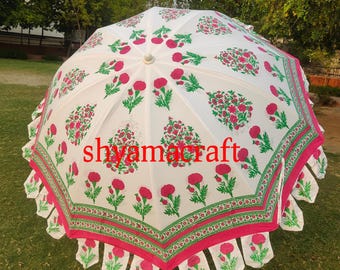 Katoenen tuinparaplu met handblokprint: boho-terrasdecor