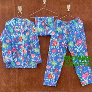 Ensemble pyjama indien en coton, chemise de nuit pour femme faite main, imprimé floral bleu, ensemble pyjama et chemise avec sac