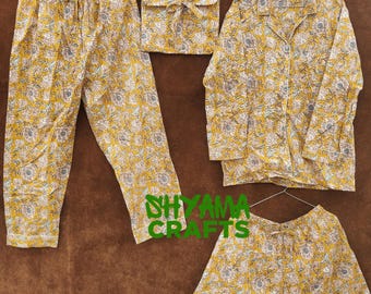 Yellow Floral Cotton Pajama Set: Handmade Indian Night Suit