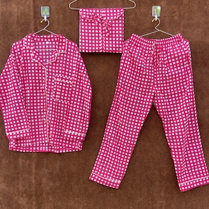 Ensemble pyjama rose, chemise de nuit indienne 100 % coton pour femme faite main, ensemble pyjama en coton, pyjama et chemise avec sac