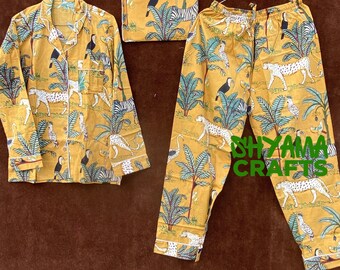 Yellow Animal Print Cotton Pajama Set: Handmade Women's Night Suit