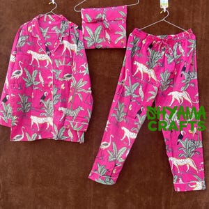 Animal Print Cotton Pajama Set, Indian Handmade Women Night Dress, Pink Color Cotton Night Pajama Set,