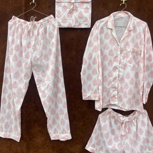 4 Pc Cotton Pyjama set, Floral Block Print Bridesmaids Gift, Birthday Gift For Her,Cotton pj set, Night Suit, Night Pyjama, Night Short
