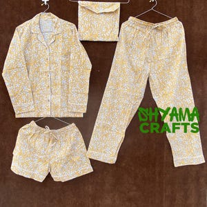 Ensemble de pyjama en coton indien, ensemble de pyjama à imprimé blocs de main, chemise de nuit pour femme faite main, pyjama et chemise en coton doux avec sac et short