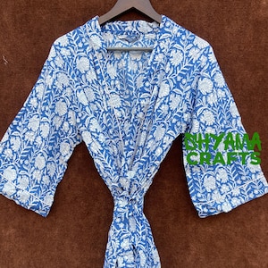 Blue Cotton Kimono Robe Dressing Gown, wedding robe Block Print Bridesmaid Robe, Summer Nightwear bathrobe beachwear women gifts