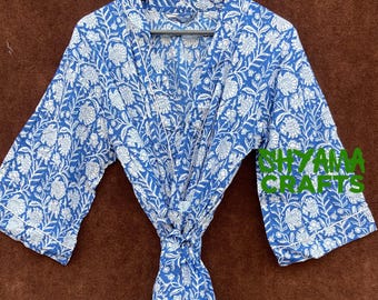 Kimono de algodón azul: bata de dama de honor con estampado floral