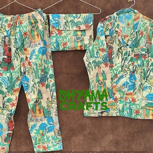 Ensemble pyjama imprimé Farida Kahlo, ensemble pyjama de nuit en coton indien pour femme, robe d'été faite main, pyjama et chemise avec sac