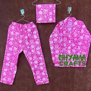 Pink Pajama Set, Indian Cotton Pajama Set, Handmade Women Night Dress, Floral Print Pj Set