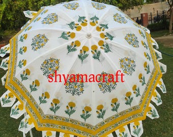 Ombrellone da giardino con stampa a blocchi: parasole in cotone boho