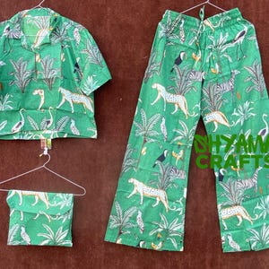 Ensemble palazzo indien en coton fait main pour femme, robe de nuit indienne faite main, couleur vert jungle, pyjama en coton et chemise courte avec sac
