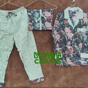 New Cotton Pajama Set, Indian Handmade Women Night Suit, Floral Printed, Pajama And Shirt With Bag Set, Women Summer Dress