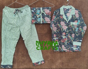 Handmade Cotton Pajama Set: Floral Print Indian Night Suit with Bag