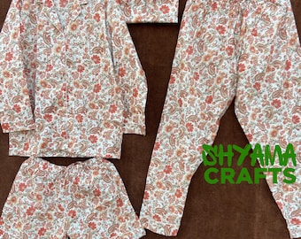 Pijama de algodón con estampado de bloques a mano: ropa de dormir verde y blanca para mujer