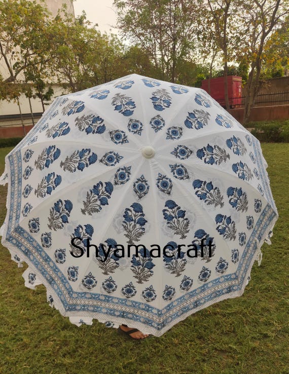 Handmade Indian Garden Umbrella: Large Floral Block Print Parasol