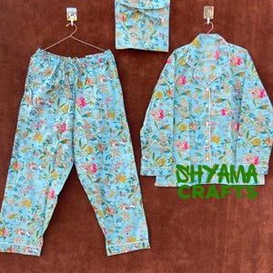 Ensemble de pyjama de couleur bleu ciel, ensemble de pyjama de nuit en coton indien pour femme, robe de nuit à imprimé floral fait main, pyjama et chemise avec sac